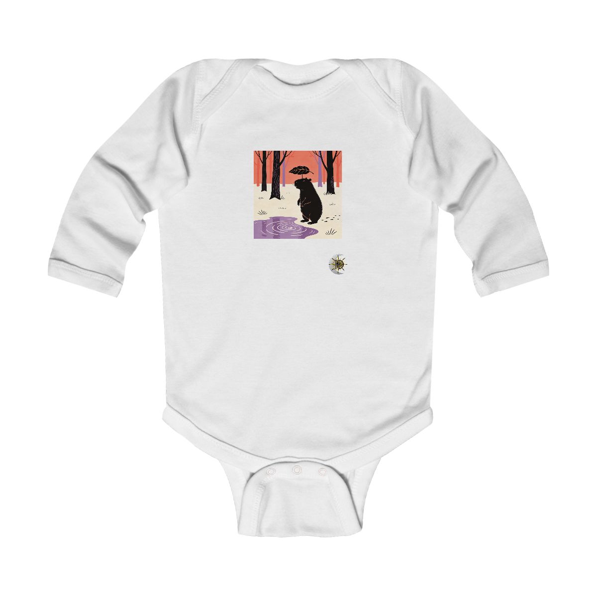 HD Capybara balancing a leaf as a tiny umbrella Infant Long Sleeve Bodysuit