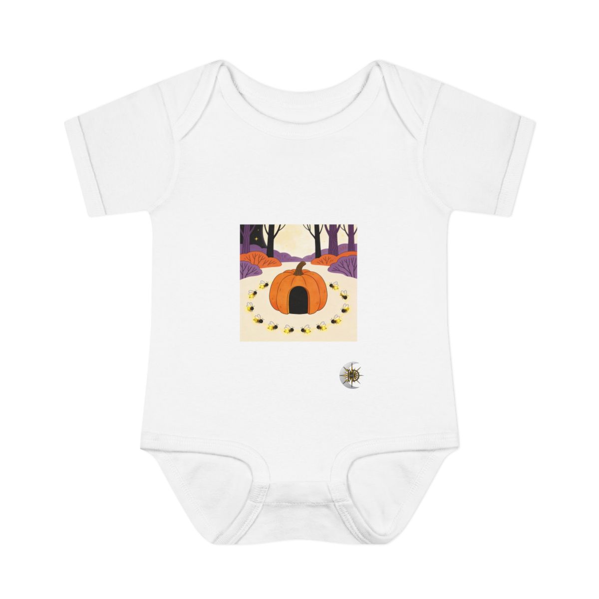 HD Doorless pumpkin shelter surrounded by a ring of sleeping fireflies Infant Baby Rib Bodysuit
