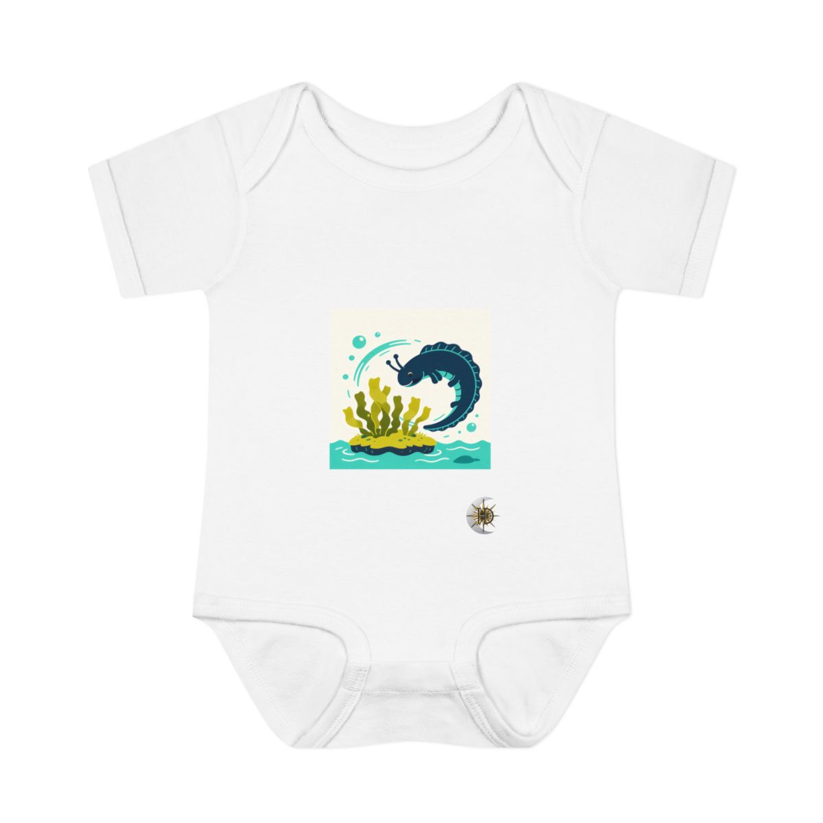 HD Sea slug circling a floating kelp island Infant Baby Rib Bodysuit