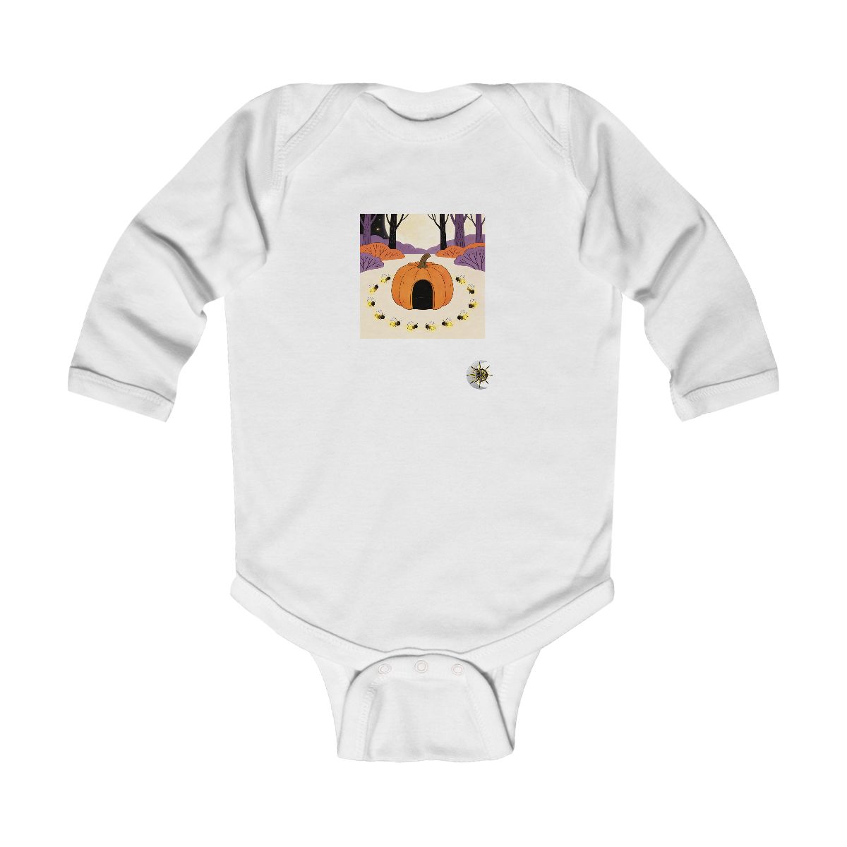 HD Doorless pumpkin shelter surrounded by a ring of sleeping fireflies Infant Long Sleeve Bodysuit