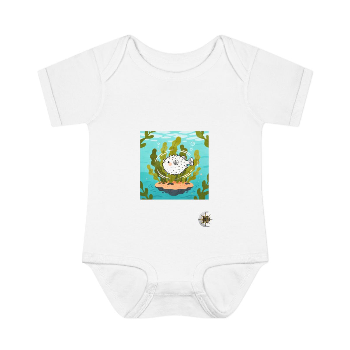 HD Round pufferfish circling a floating kelp island Infant Baby Rib Bodysuit