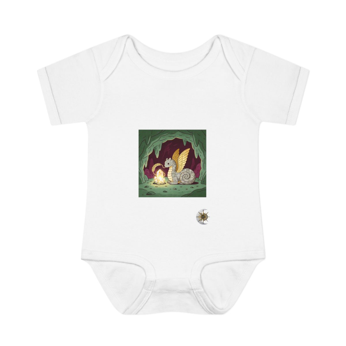 HD Stone creature with reed wings curled beside a glowing mineral Infant Baby Rib Bodysuit