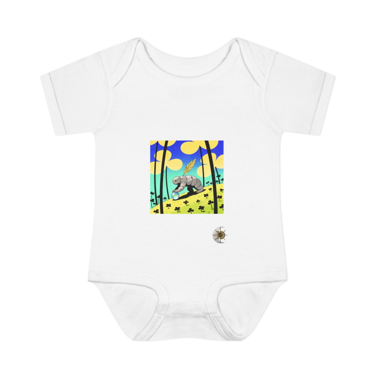 HD Stone creature with reed wings gently rolling a dew drop uphill Infant Baby Rib Bodysuit