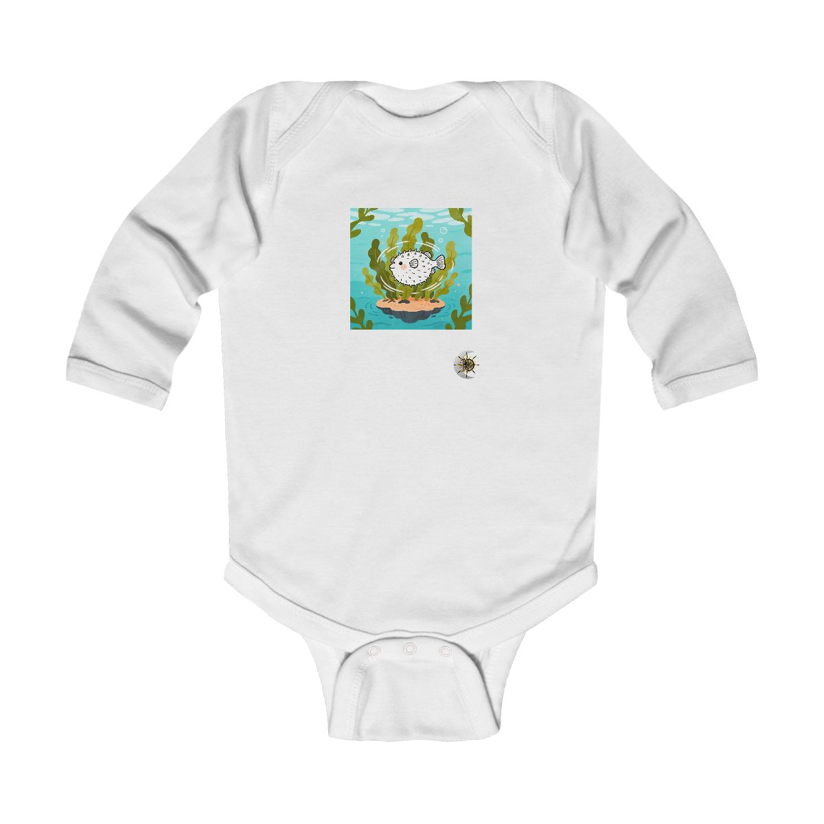 HD Round pufferfish circling a floating kelp island Infant Long Sleeve Bodysuit