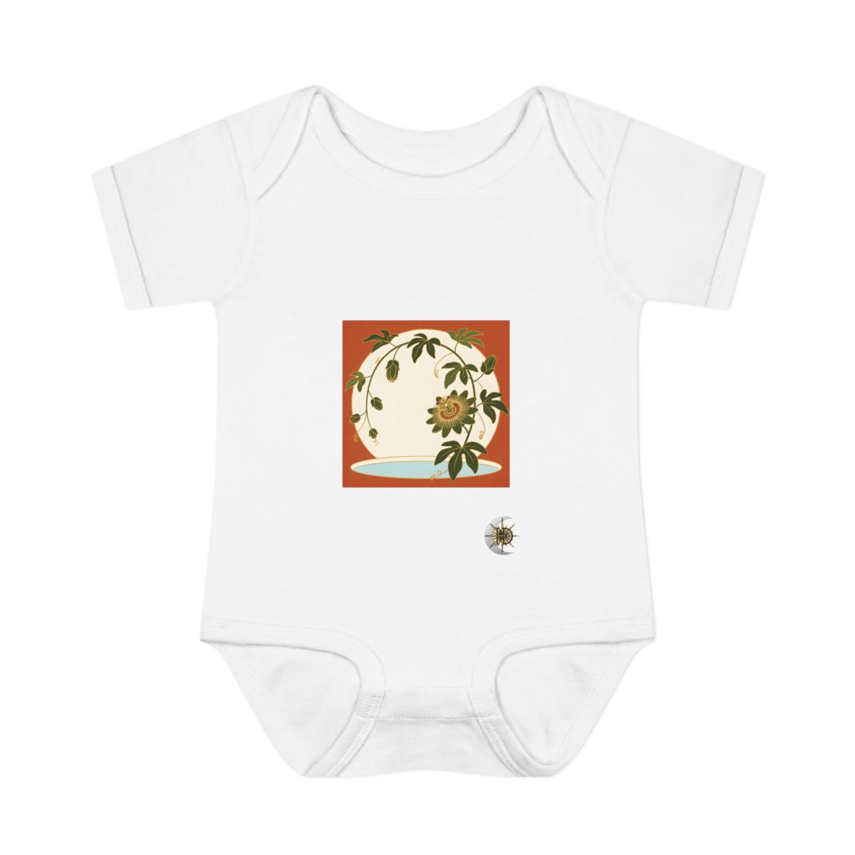 HD Passionflower arching across a rounded pool of open space Infant Baby Rib Bodysuit