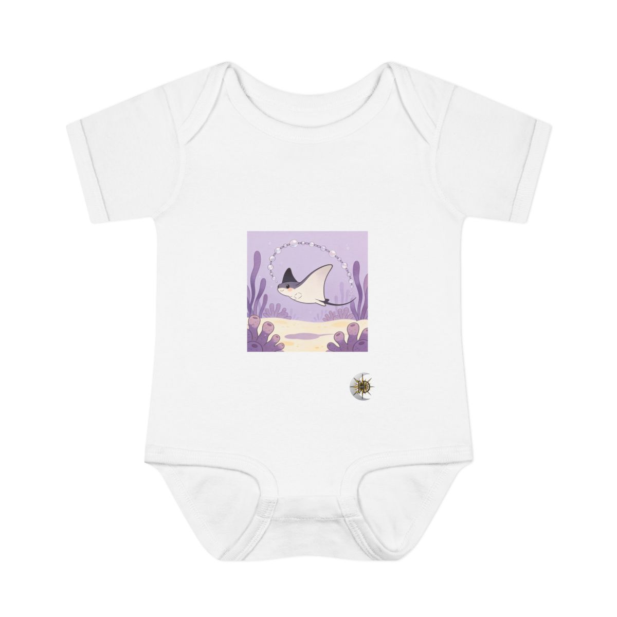 HD Tiny manta ray chasing a looping chain of bubbles Infant Baby Rib Bodysuit