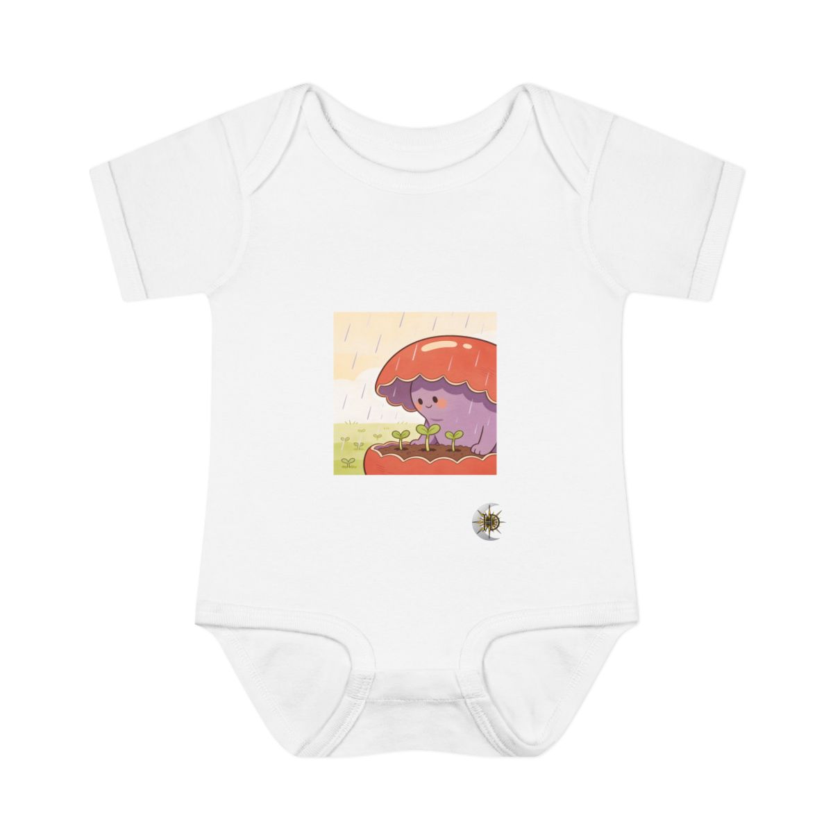 HD Bean creature with a scalloped back sheltering three little sprouts Infant Baby Rib Bodysuit
