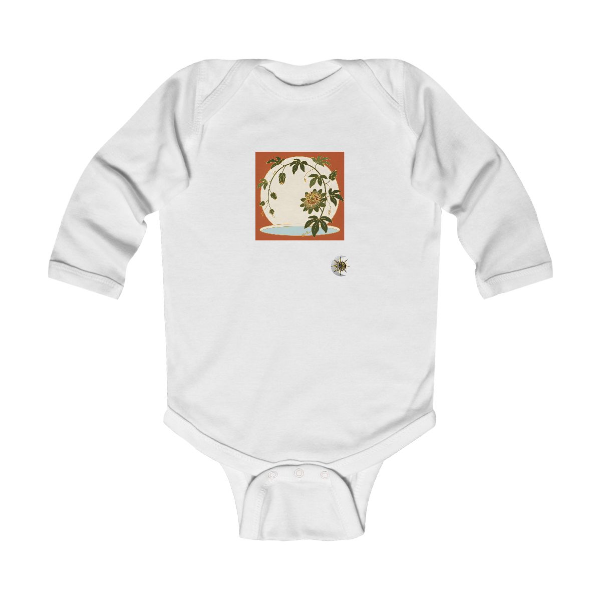 HD Passionflower arching across a rounded pool of open space Infant Long Sleeve Bodysuit