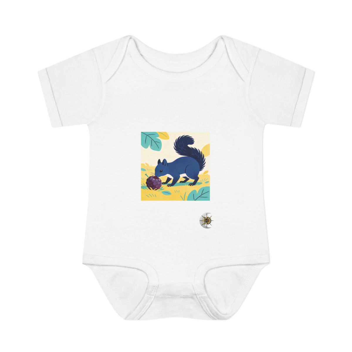HD Squirrel investigating an oversized berry Infant Baby Rib Bodysuit