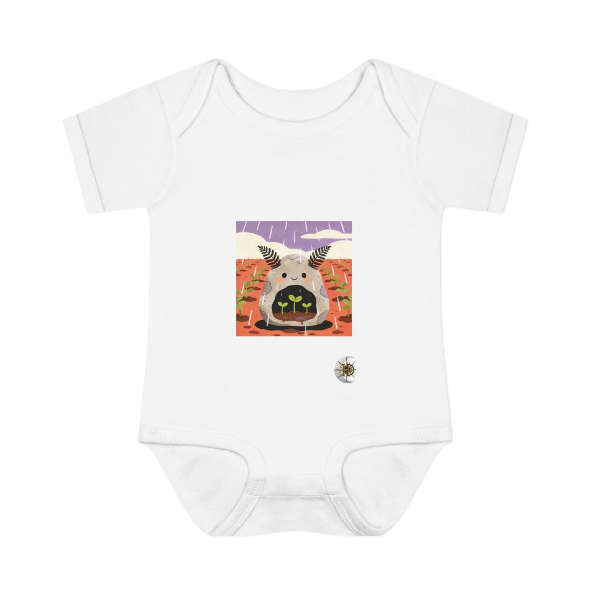 HD Pebble creature with fern ears sheltering three little sprouts Infant Baby Rib Bodysuit
