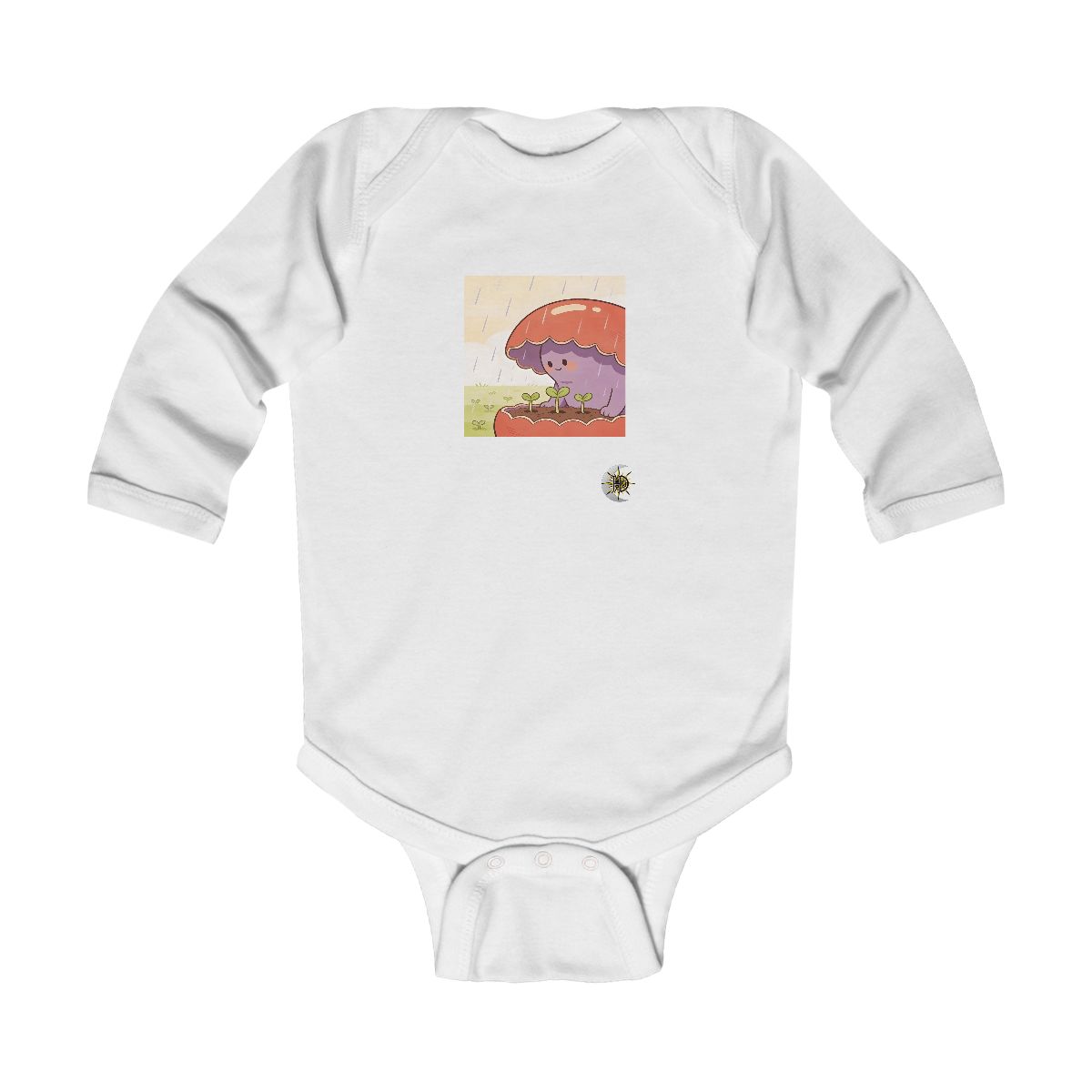 HD Bean creature with a scalloped back sheltering three little sprouts Infant Long Sleeve Bodysuit