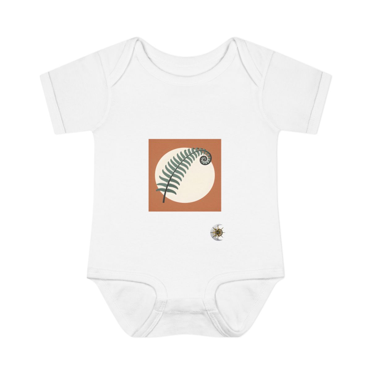 HD Unfurling fern arching across a rounded pool of open space Infant Baby Rib Bodysuit
