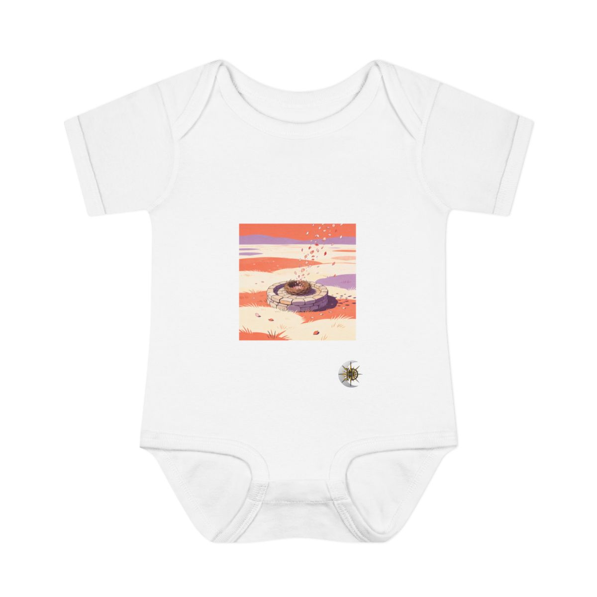 HD Nest-shaped stone terrace receiving a shower of falling petals Infant Baby Rib Bodysuit