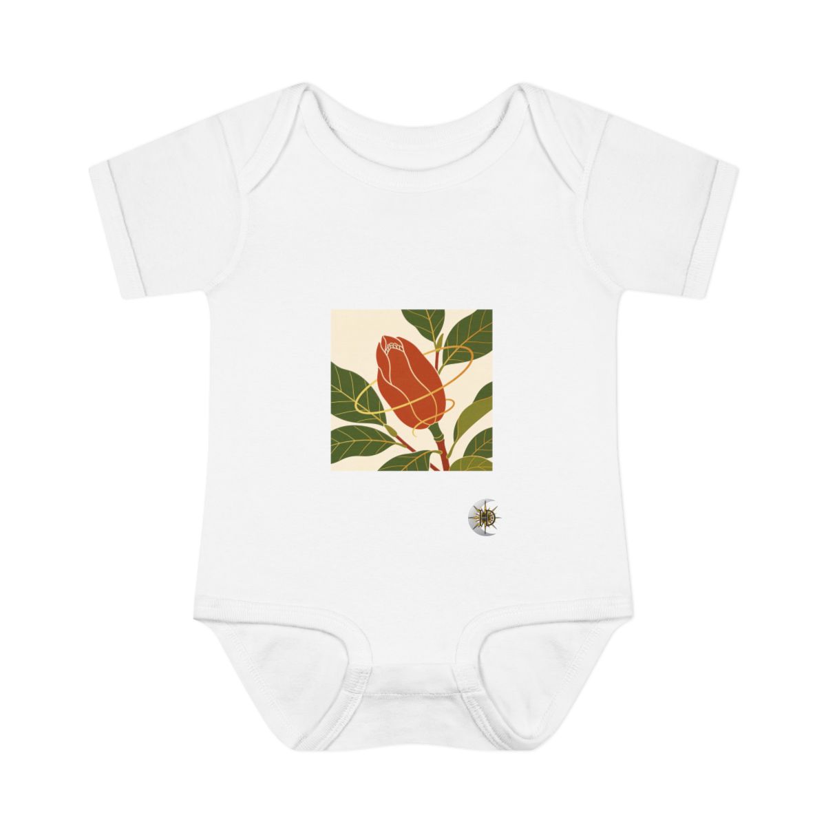 HD Magnolia seedpod interwoven with a single looping wind line Infant Baby Rib Bodysuit