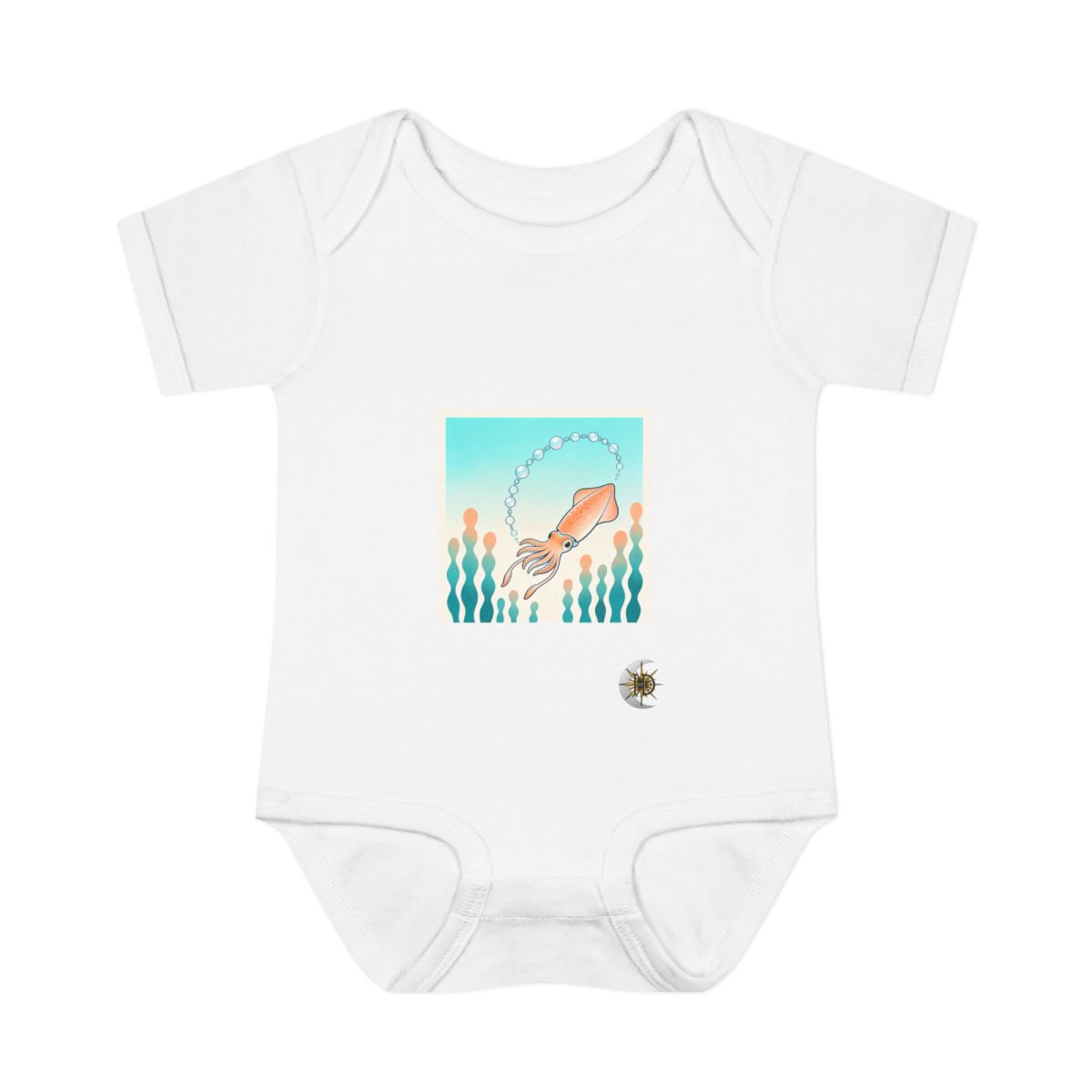 HD Cuttlefish chasing a looping chain of bubbles Infant Baby Rib Bodysuit