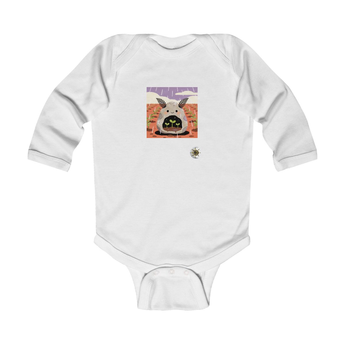 HD Pebble creature with fern ears sheltering three little sprouts Infant Long Sleeve Bodysuit