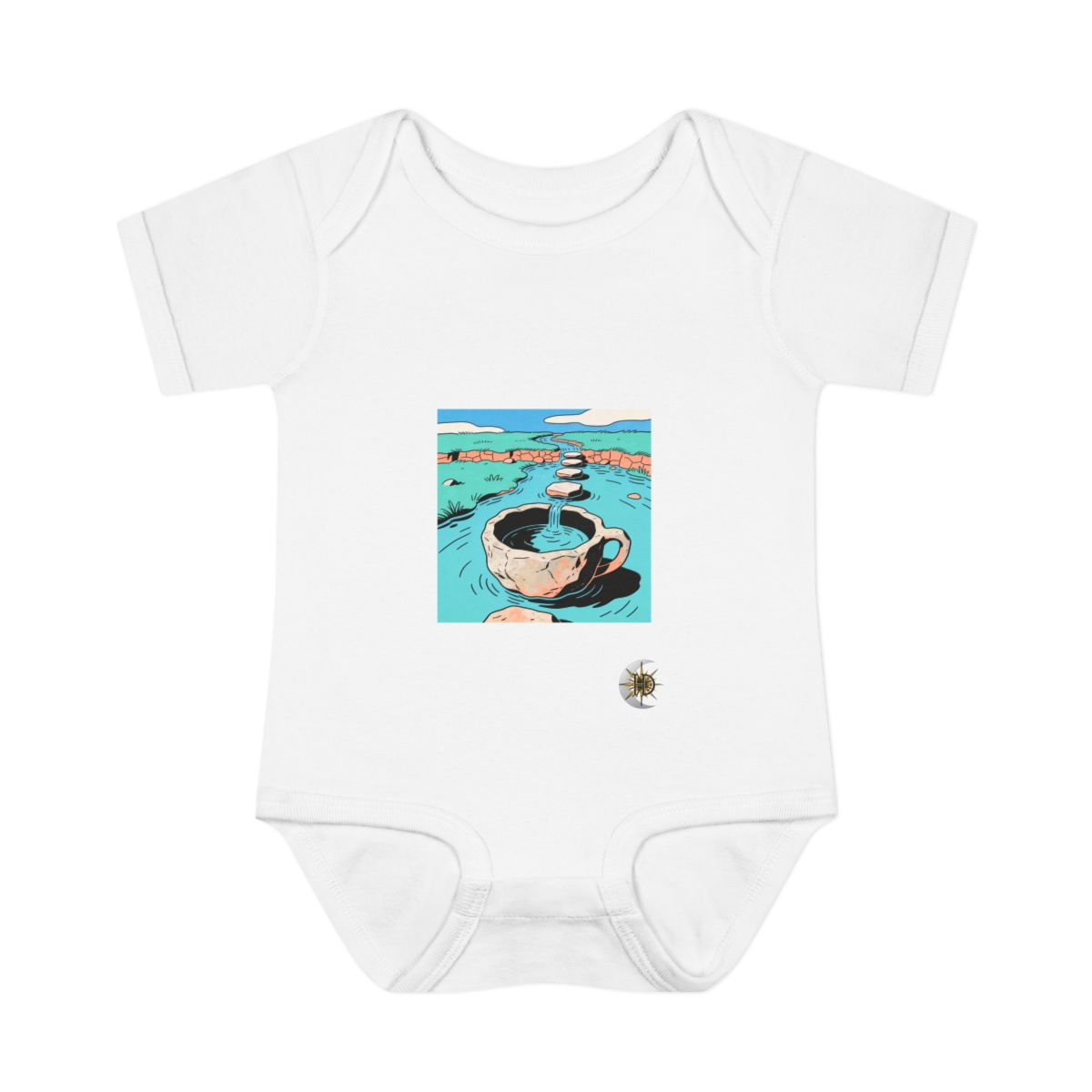 HD Cup-shaped rock basin connected to a distant bank by stepping stones Infant Baby Rib Bodysuit
