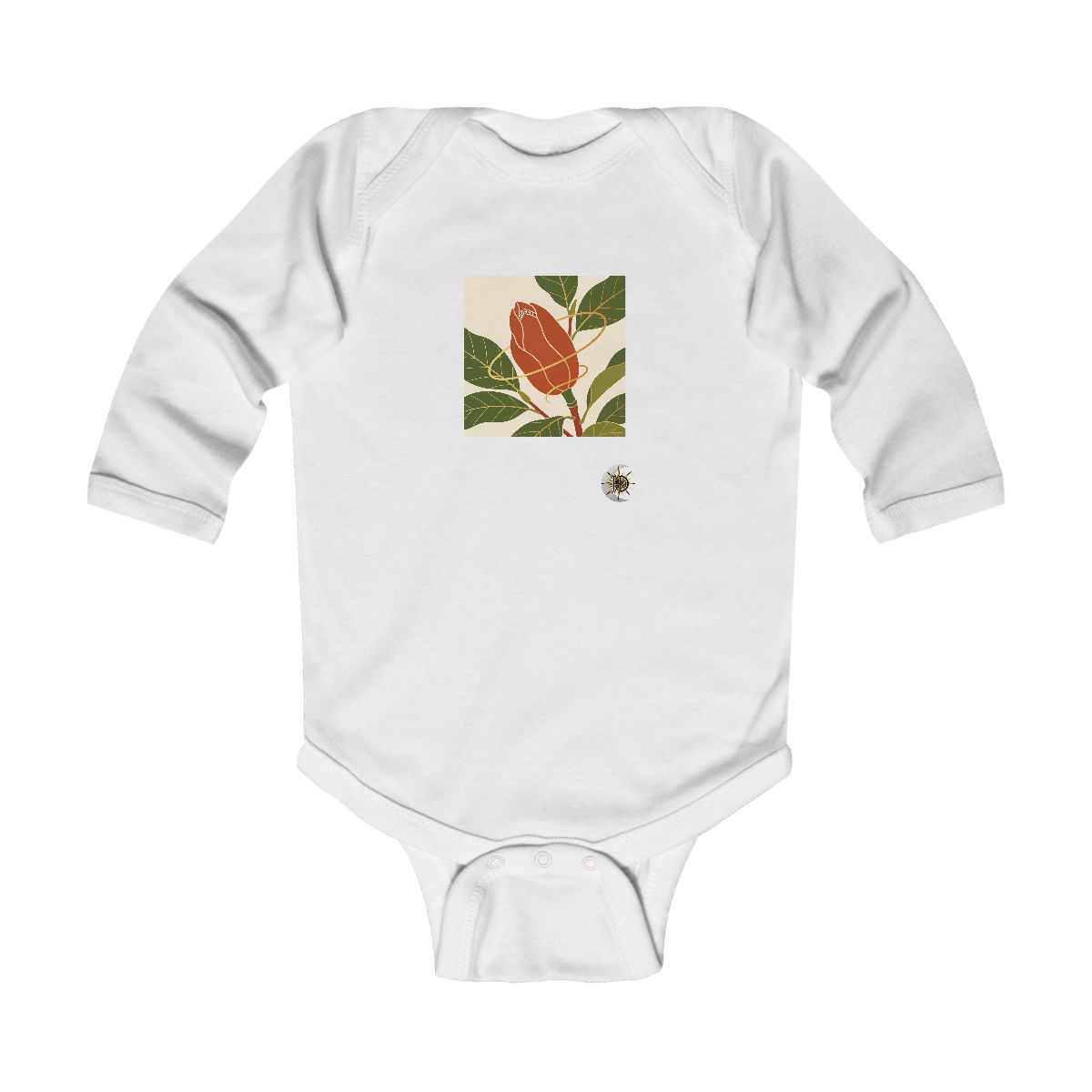 HD Magnolia seedpod interwoven with a single looping wind line Infant Long Sleeve Bodysuit