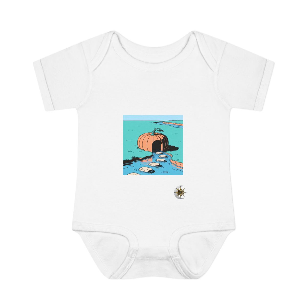 HD Doorless pumpkin shelter connected to a distant bank by stepping stones Infant Baby Rib Bodysuit
