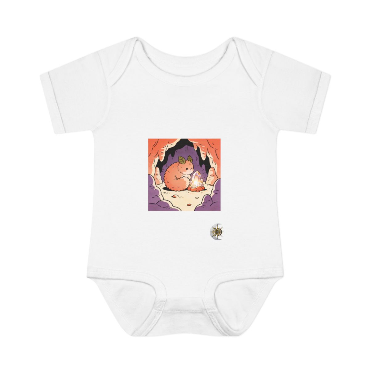 HD Puffball creature with leaf ears curled beside a glowing mineral Infant Baby Rib Bodysuit