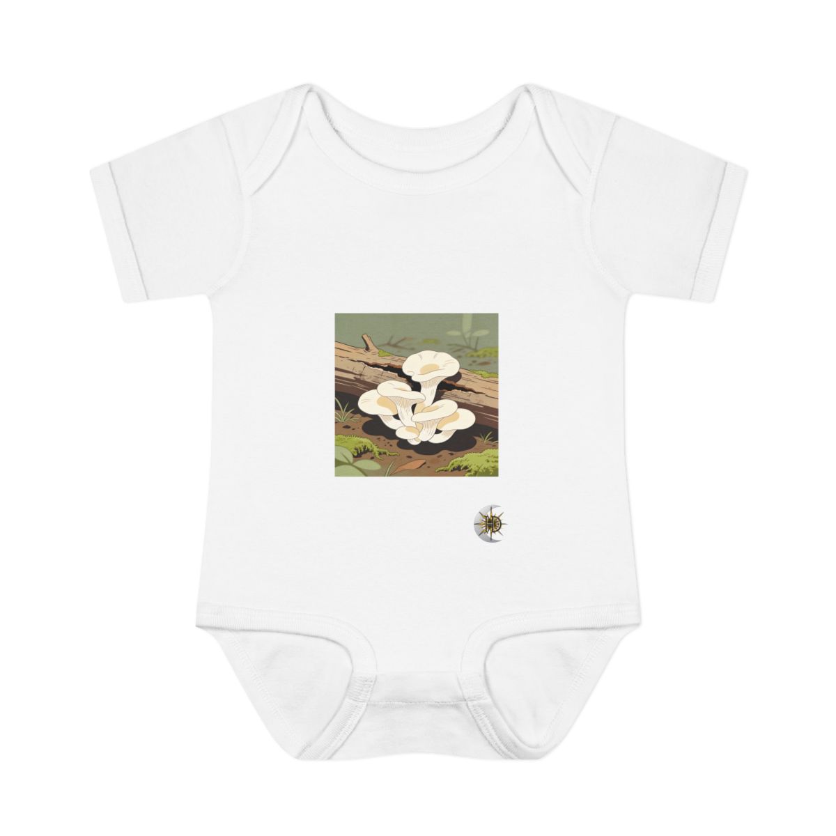 HD Oyster mushrooms growing through a split fallen branch Infant Baby Rib Bodysuit