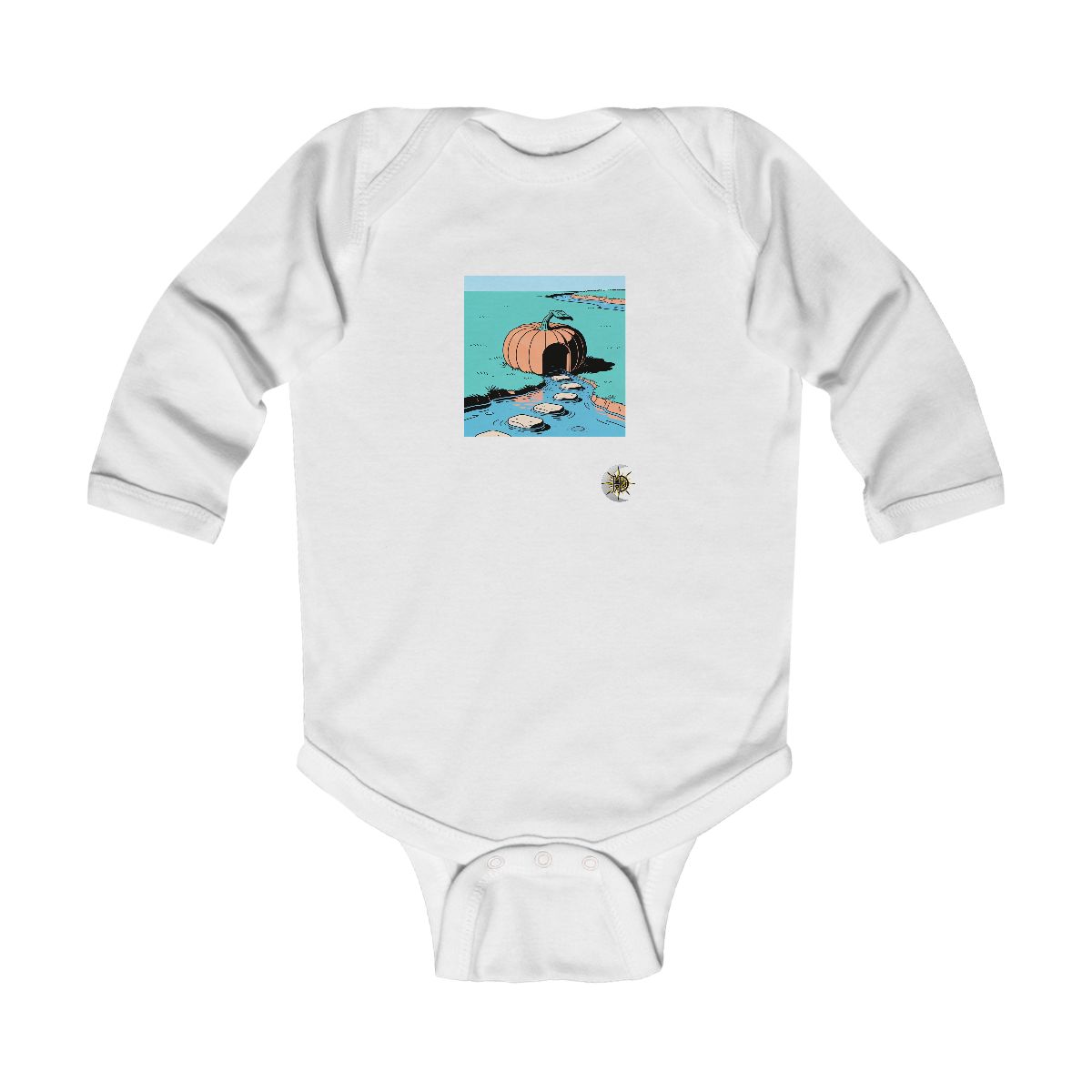 HD Doorless pumpkin shelter connected to a distant bank by stepping stones Infant Long Sleeve Bodysuit