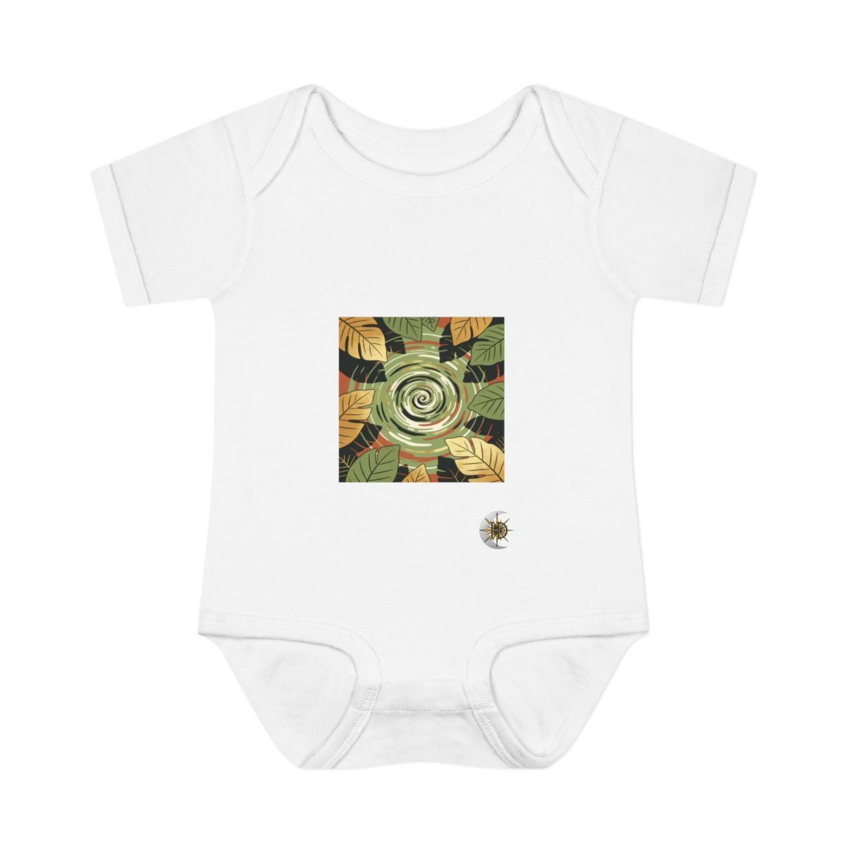 HD Spiral whirlpool framed by overlapping leaf silhouettes Infant Baby Rib Bodysuit