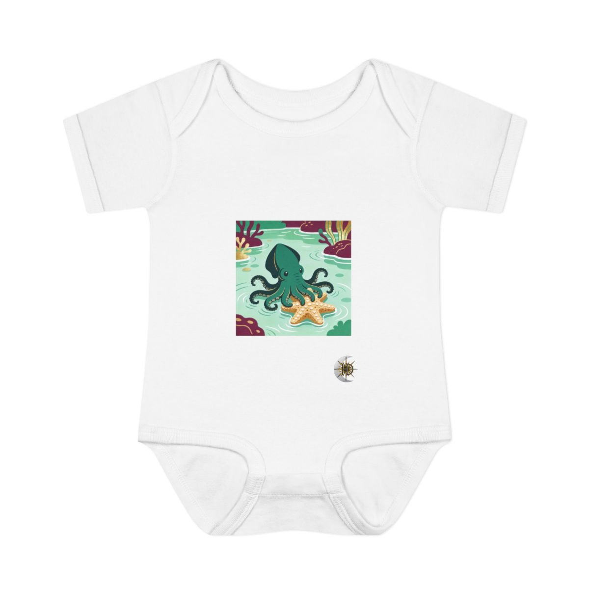 HD Dumbo octopus resting near a star-shaped sea sponge Infant Baby Rib Bodysuit