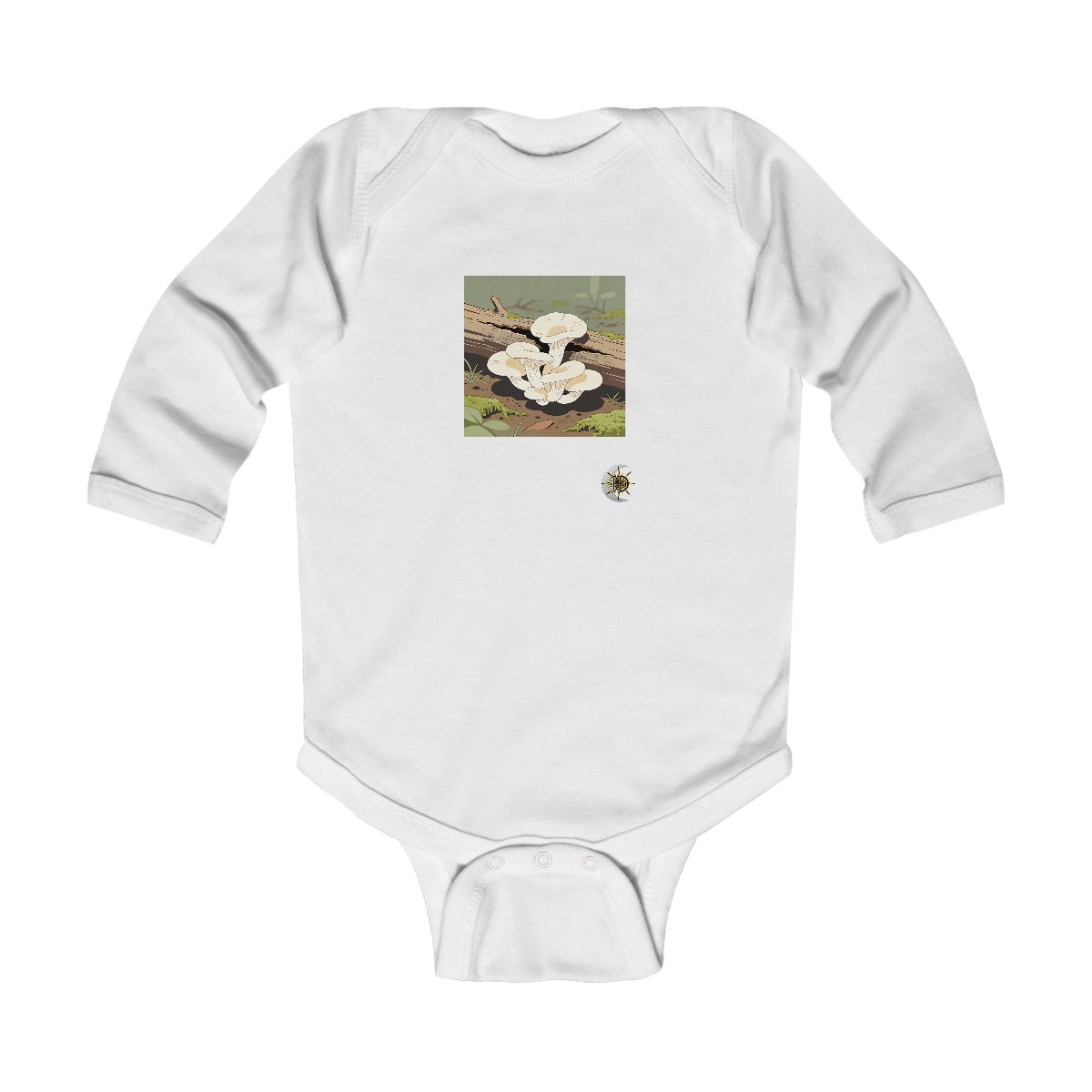 HD Oyster mushrooms growing through a split fallen branch Infant Long Sleeve Bodysuit