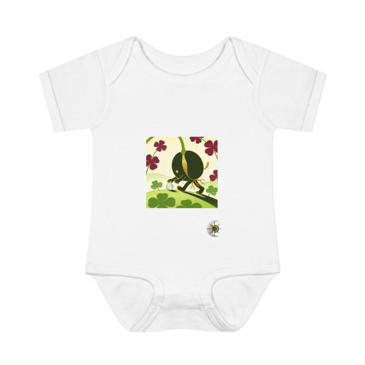 HD Seed creature with root toes gently rolling a dew drop uphill Infant Baby Rib Bodysuit