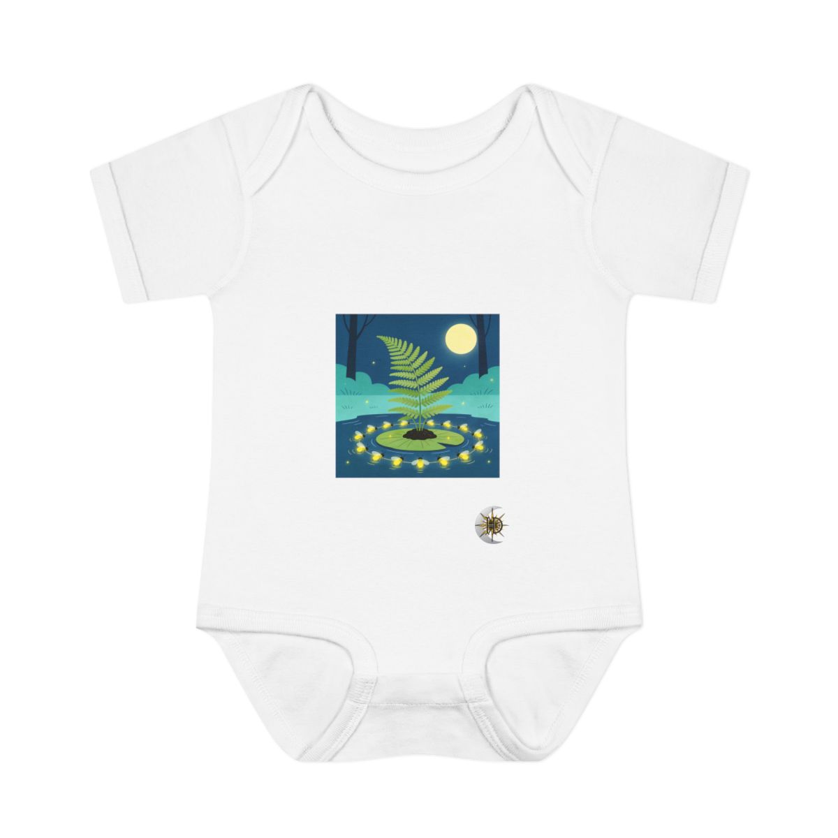 HD Fern on a lily-pad island surrounded by a ring of sleeping fireflies Infant Baby Rib Bodysuit
