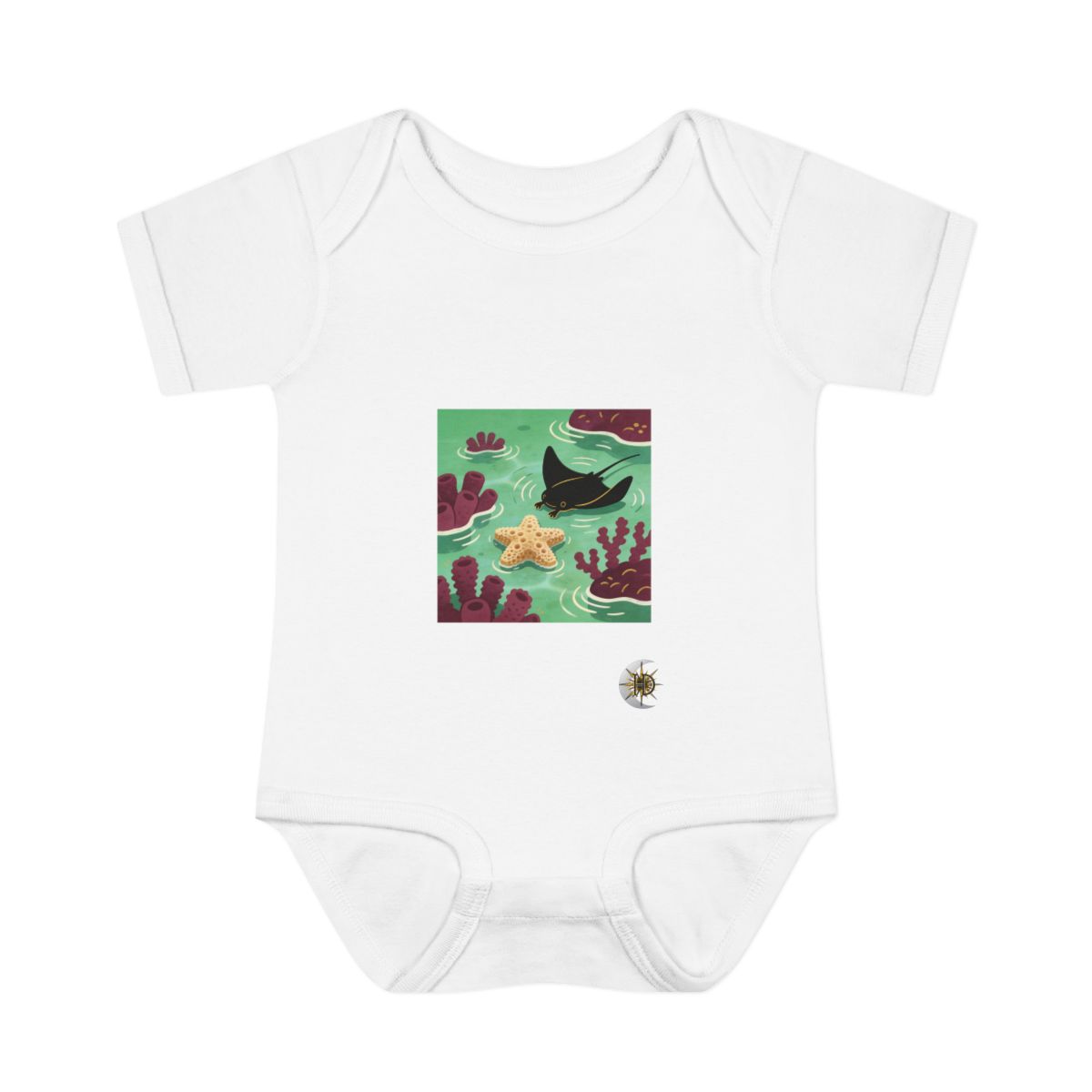 HD Tiny manta ray resting near a star-shaped sea sponge Infant Baby Rib Bodysuit