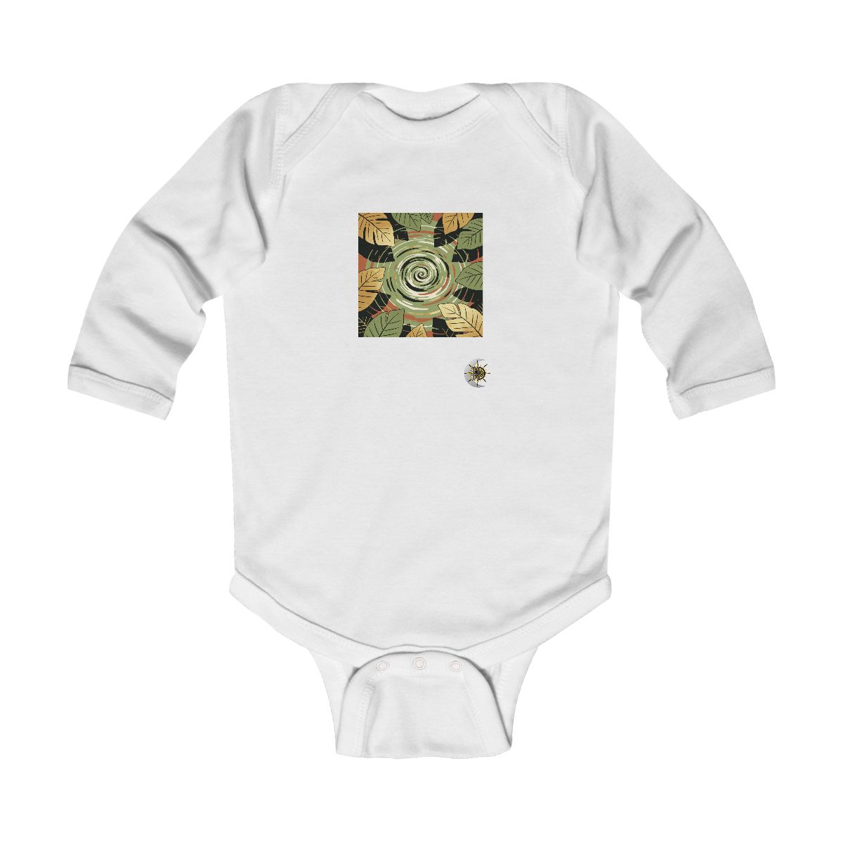 HD Spiral whirlpool framed by overlapping leaf silhouettes Infant Long Sleeve Bodysuit