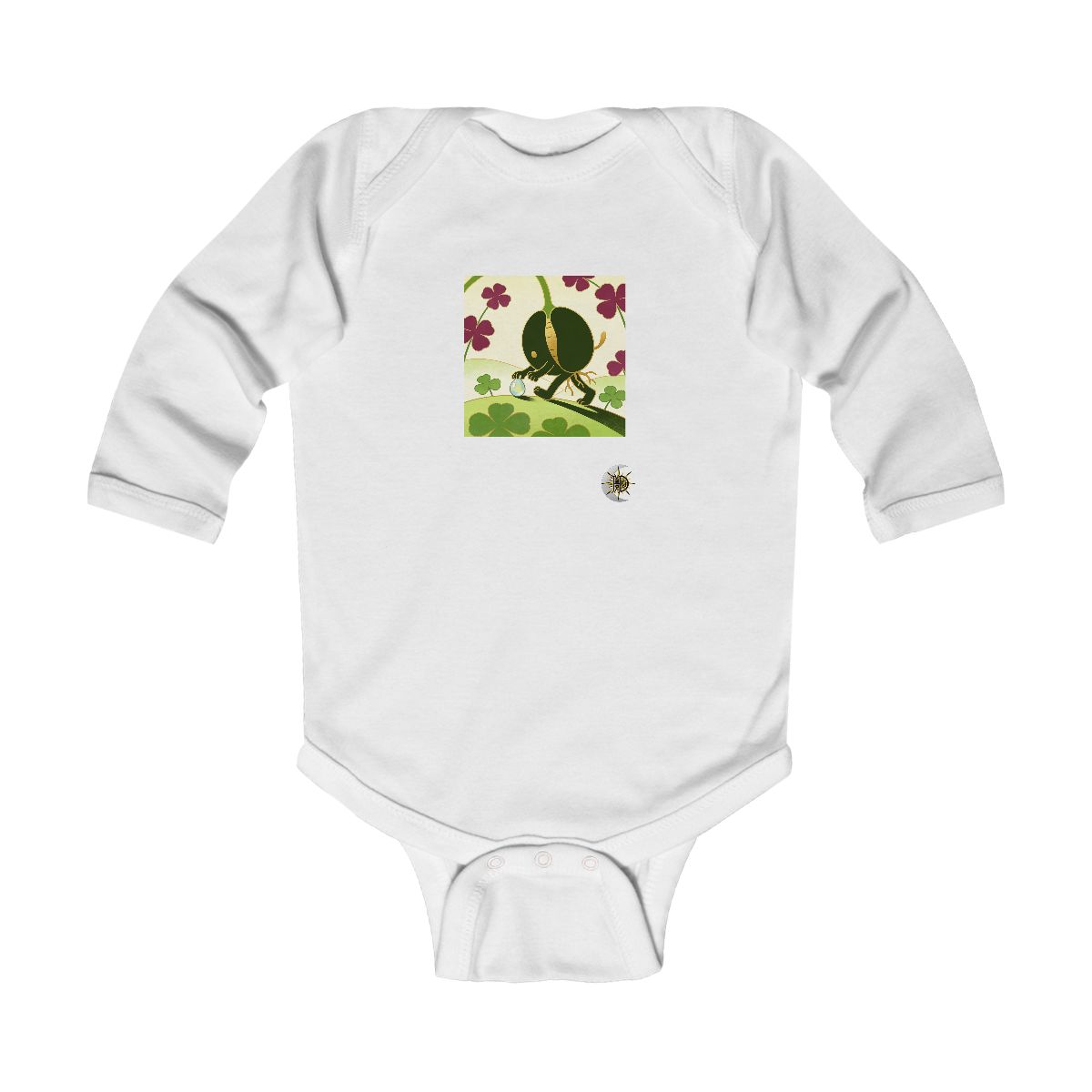 HD Seed creature with root toes gently rolling a dew drop uphill Infant Long Sleeve Bodysuit