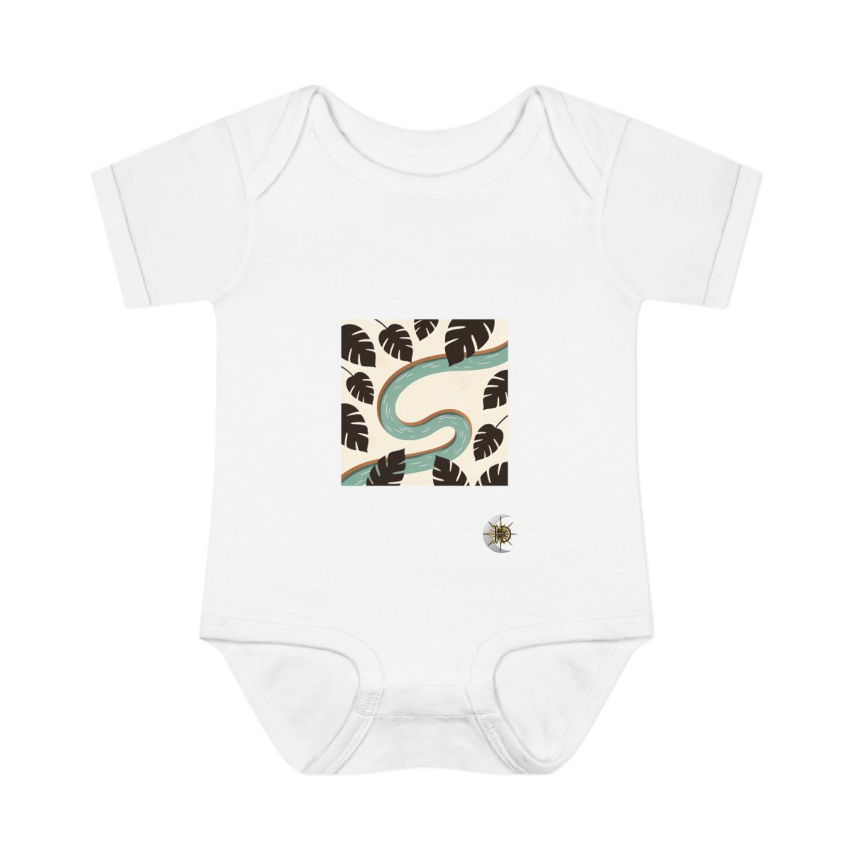 HD Looping river bend framed by overlapping leaf silhouettes Infant Baby Rib Bodysuit