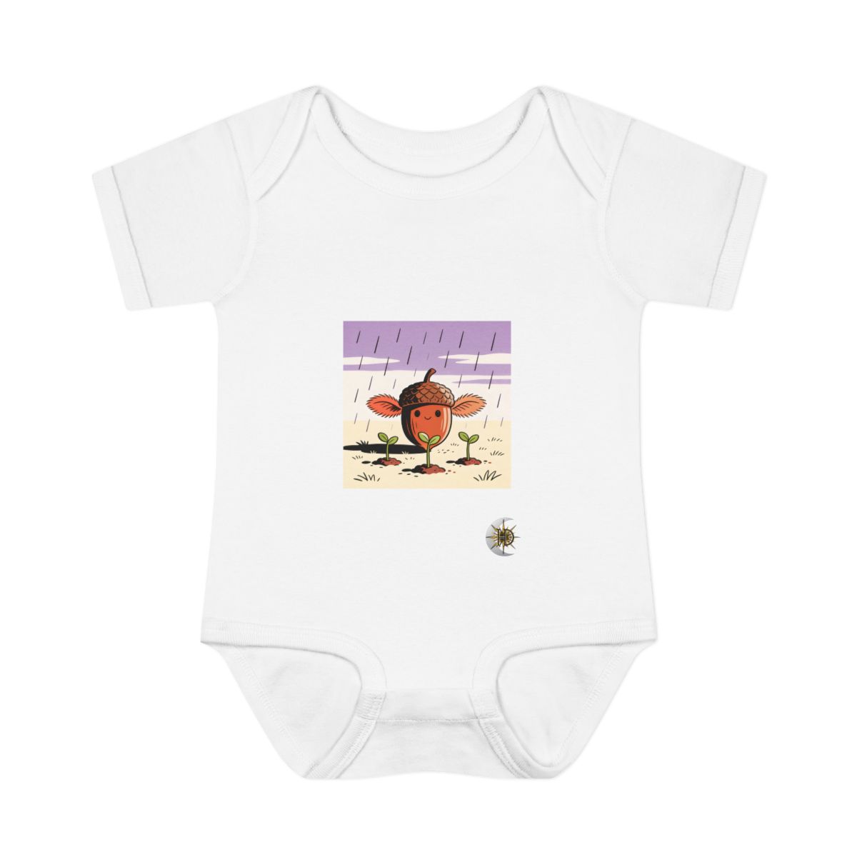 HD Acorn creature with fuzzy fins sheltering three little sprouts Infant Baby Rib Bodysuit