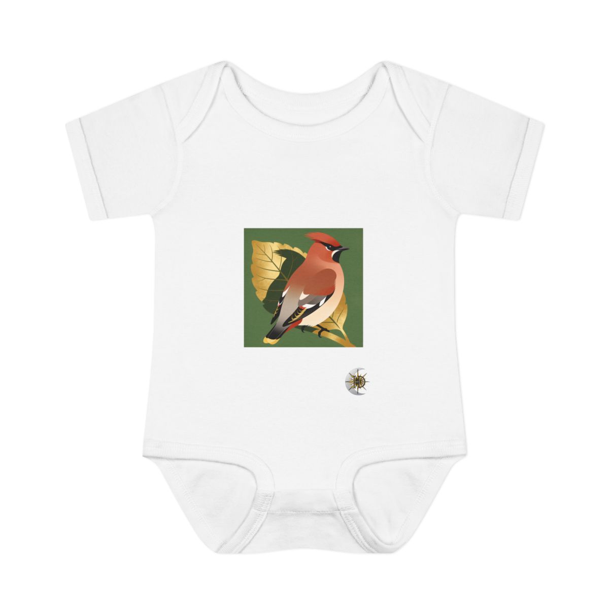 HD Waxwing framed by one oversized leaf Infant Baby Rib Bodysuit