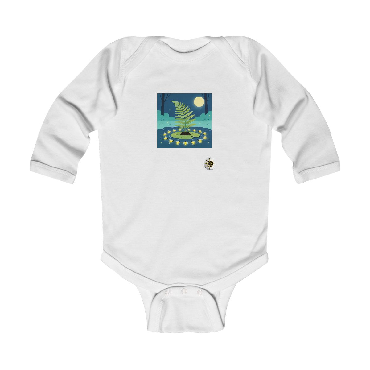 HD Fern on a lily-pad island surrounded by a ring of sleeping fireflies Infant Long Sleeve Bodysuit