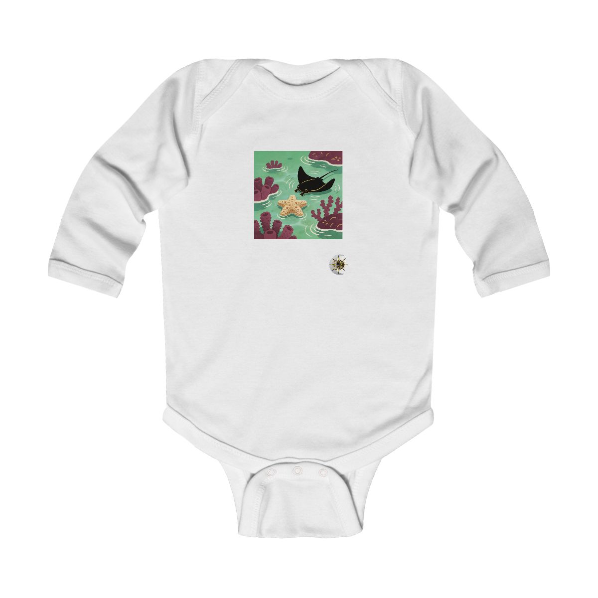 HD Tiny manta ray resting near a star-shaped sea sponge Infant Long Sleeve Bodysuit