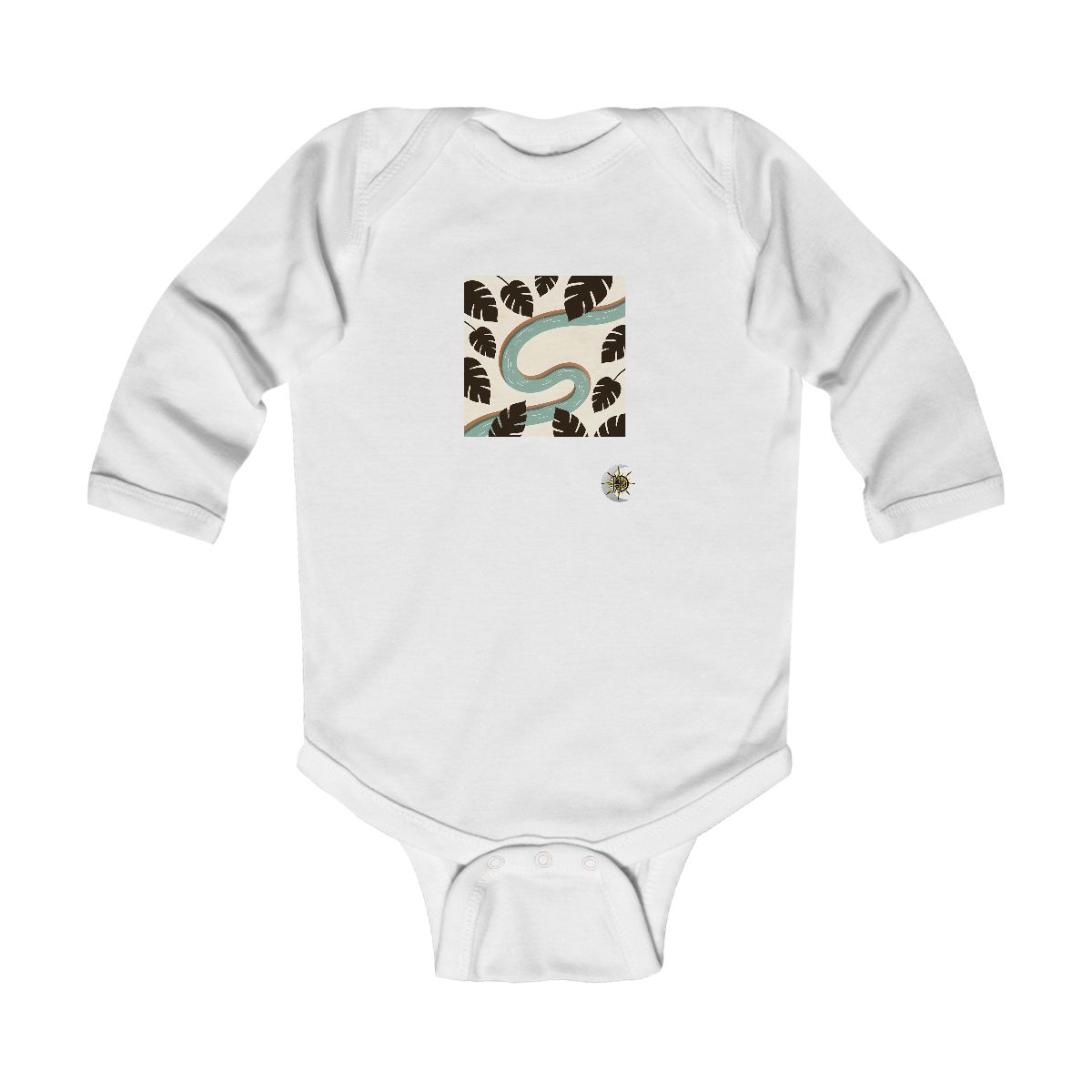 HD Looping river bend framed by overlapping leaf silhouettes Infant Long Sleeve Bodysuit