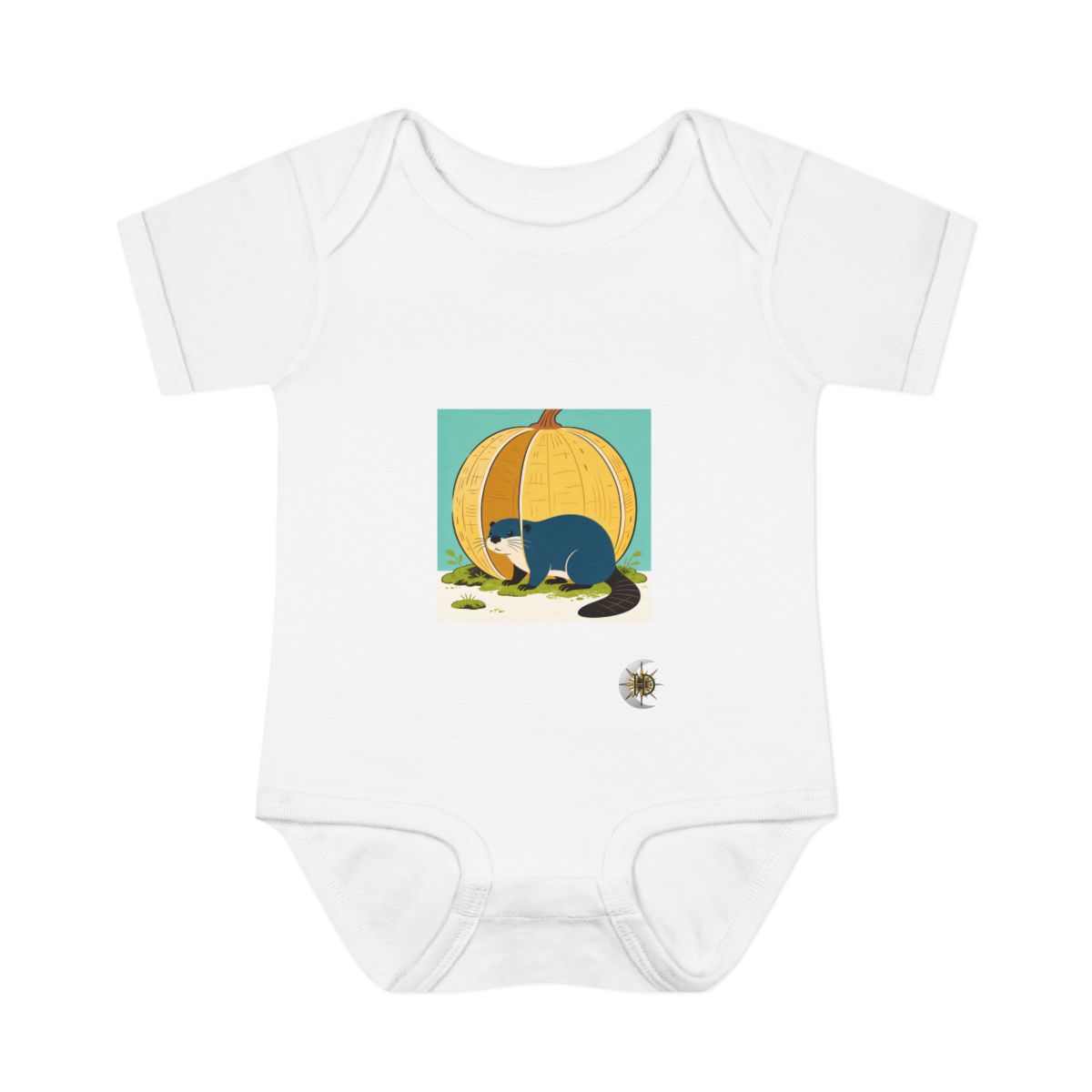 HD Beaver peeking around a giant seedpod Infant Baby Rib Bodysuit