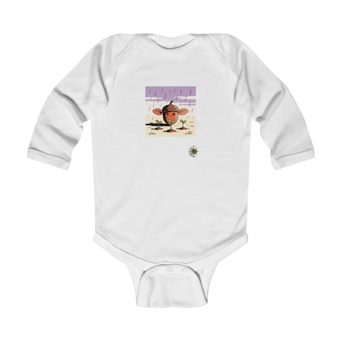HD Acorn creature with fuzzy fins sheltering three little sprouts Infant Long Sleeve Bodysuit