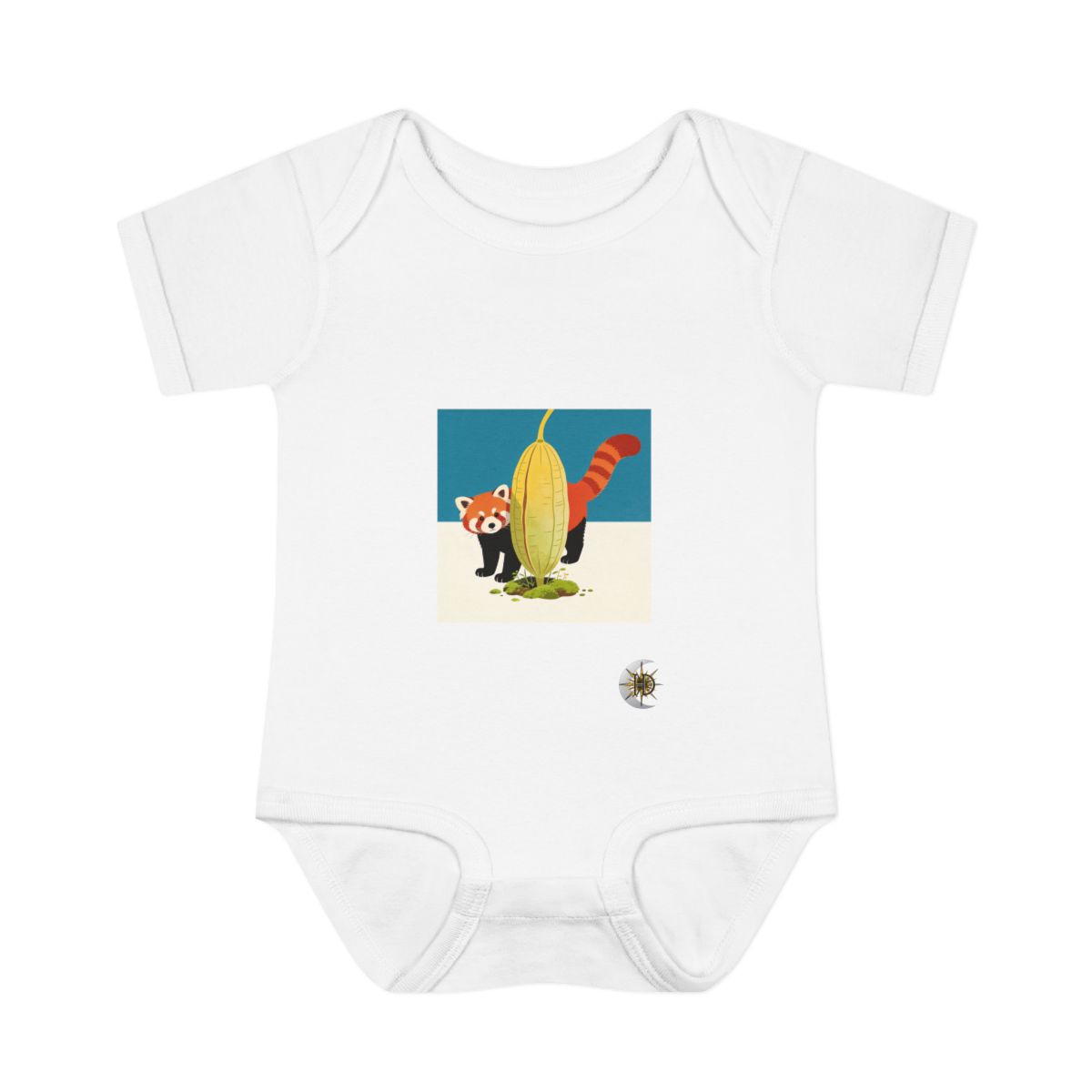 HD Red panda peeking around a giant seedpod Infant Baby Rib Bodysuit