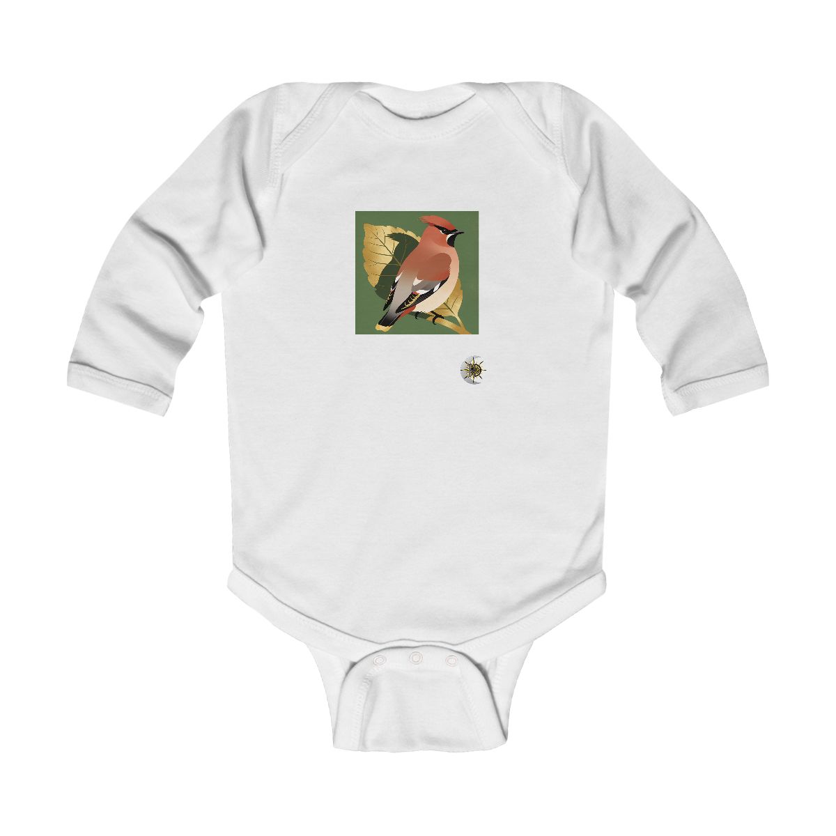HD Waxwing framed by one oversized leaf Infant Long Sleeve Bodysuit