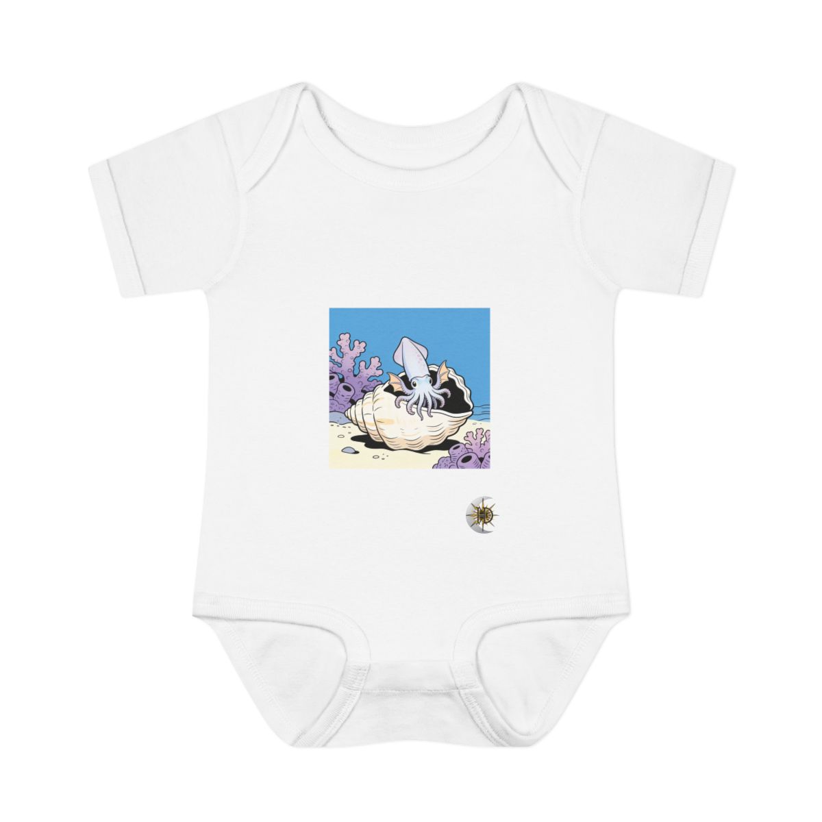 HD Reef squid peeking from behind an oversized shell Infant Baby Rib Bodysuit