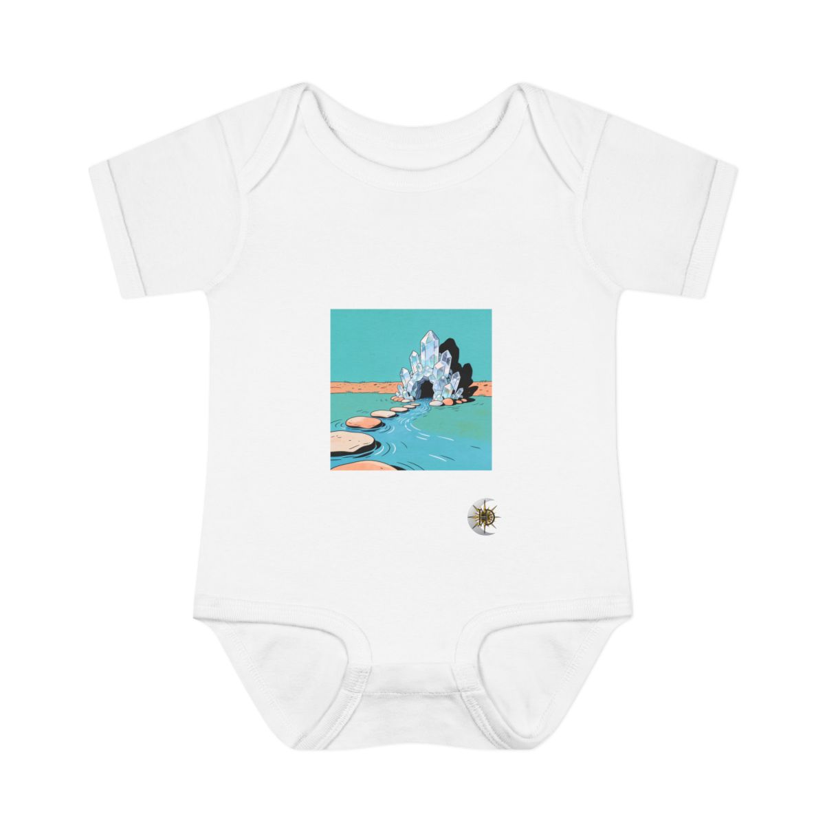 HD Crystal grotto connected to a distant bank by stepping stones Infant Baby Rib Bodysuit