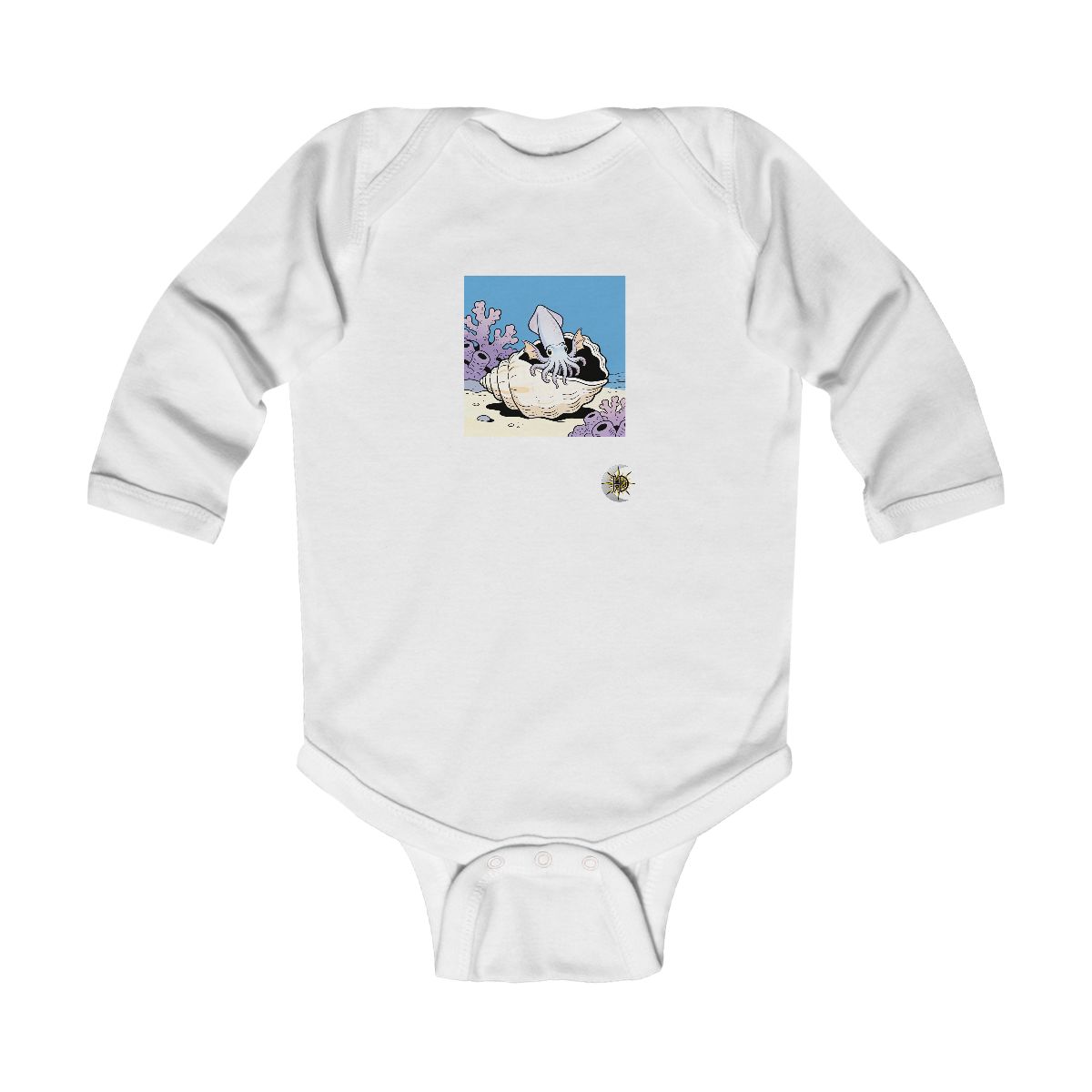 HD Reef squid peeking from behind an oversized shell Infant Long Sleeve Bodysuit