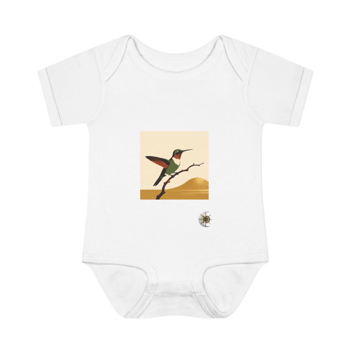 HD Hummingbird balancing on a curved bare branch Infant Baby Rib Bodysuit