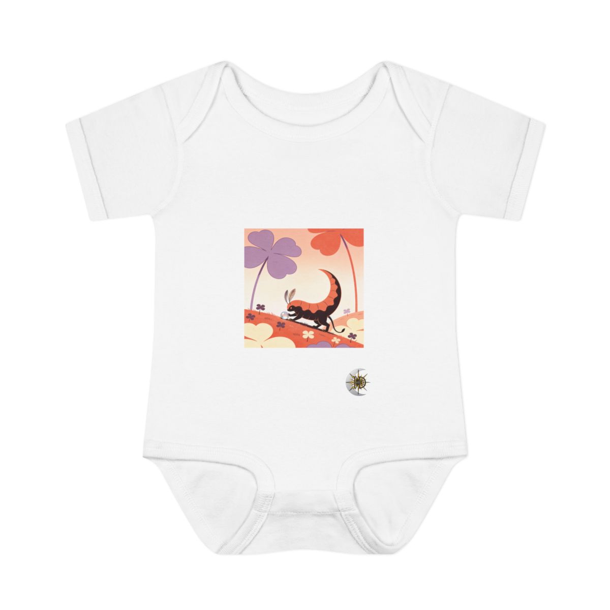 HD Crescent creature with feather antennae gently rolling a dew drop uphill Infant Baby Rib Bodysuit