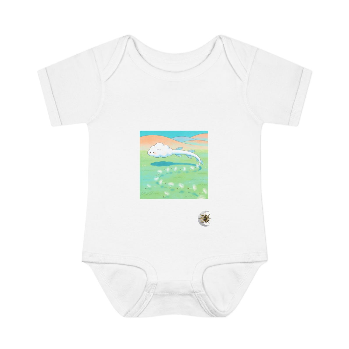HD Cloud creature with floating fins following a looping trail of seed fluff Infant Baby Rib Bodysuit